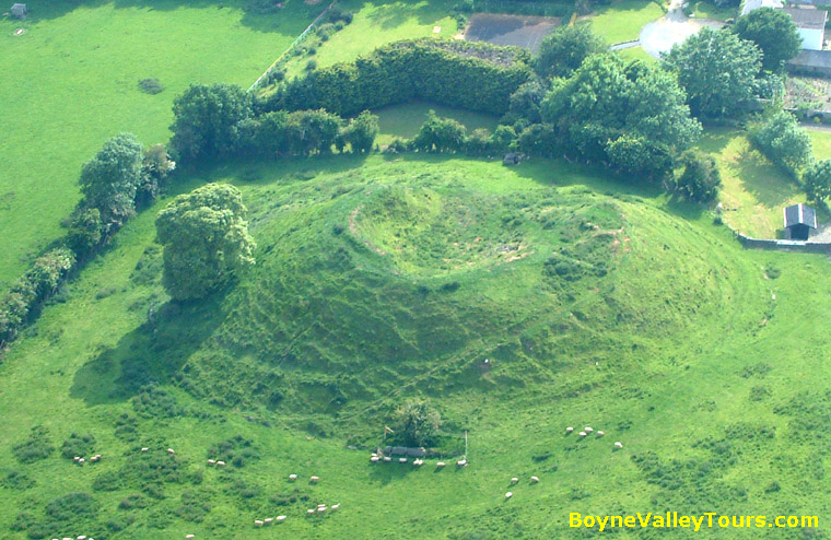 Aerial view of Dowth passage tomb mound with a central crater and sheep in surrounding fields.