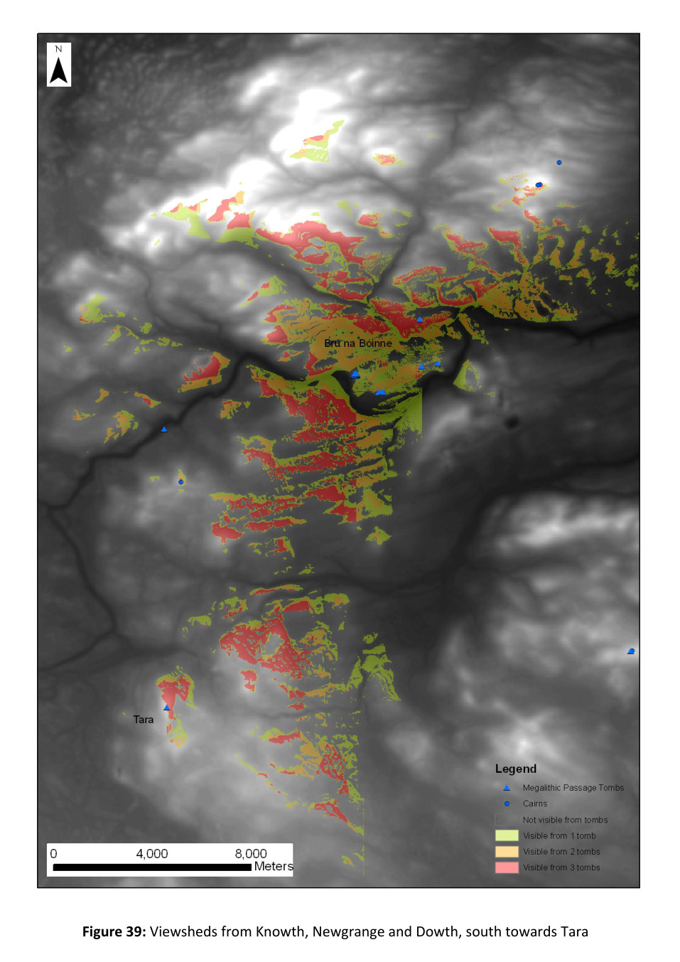 Shaded relief map looking south from Brú na Bóinne toward Tara, coloured by how many of the three great tombs can see each patch of ground.