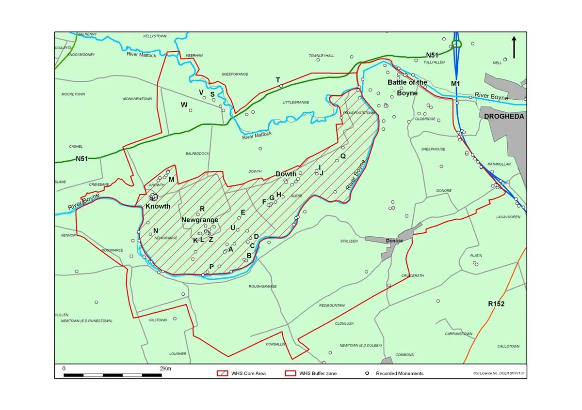 Map of the Brú na Bóinne World Heritage Site showing the core area, buffer zone, recorded monuments, Newgrange, Knowth, Dowth and the River Boyne.