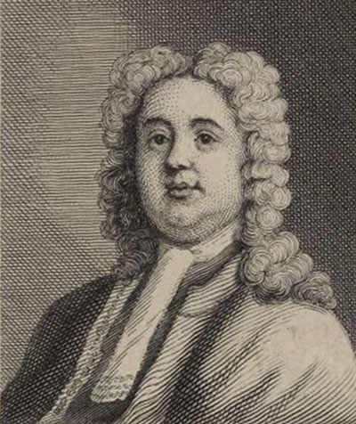 Engraved portrait of Edward Lhwyd in a curled wig, academic gown and white bands.