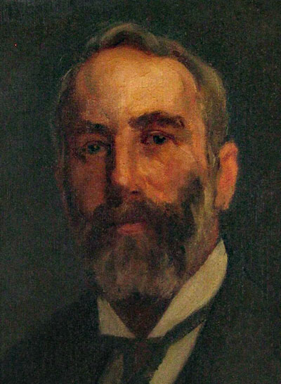Painted portrait of George Coffey, a bearded man in a dark suit and white collar against a dark background.