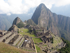 Photo by Gene Sampson::Machu Picchu is an Inca citadel located 8,000 feet up in the Andes. It is a complex of cultivation terraces, stone houses, temples and plazas. Machu Picchu was constructed around 1450, at the height of the Inca empire, and was abandoned less than 100 years later, as the empire collapsed under Spanish conquest. Machu Picchu