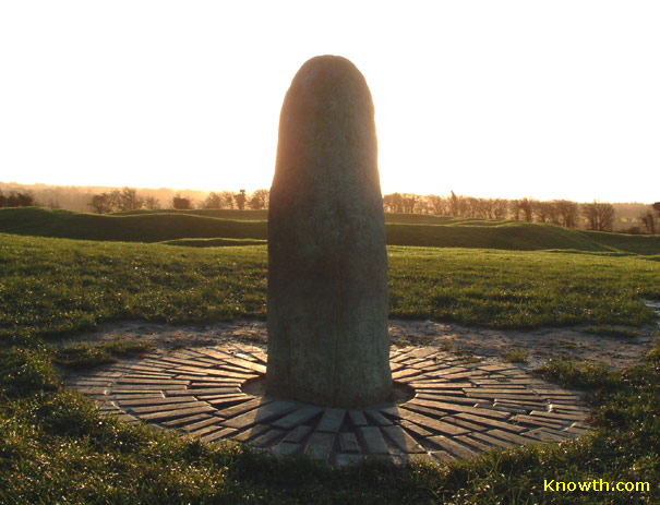 Lia Fáil (Stone of Destiny) in the Samhain sunrise on the Hill of Tara