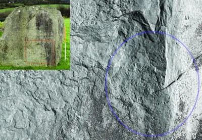 Photogrammetry image of picking on two planes of the inner face of Great Circle stone GC-8 at Newgrange.
