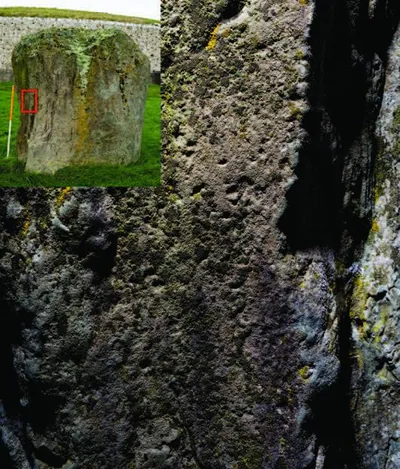 Dispersed picking, partly concealed by lichen, on the outer face of Great Circle stone GC3 at Newgrange.