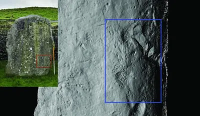 Photogrammetry image of close area-picking on the right-hand edge of the outer face of Great Circle stone GC-10 at Newgrange.