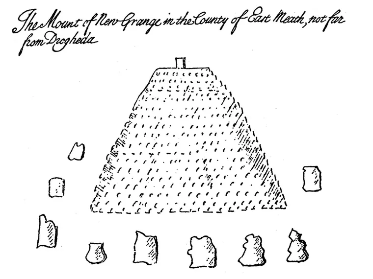 1699 drawing of Newgrange as a truncated cone of stones, with a standing stone on the summit and nine Great Circle stones around the mound.