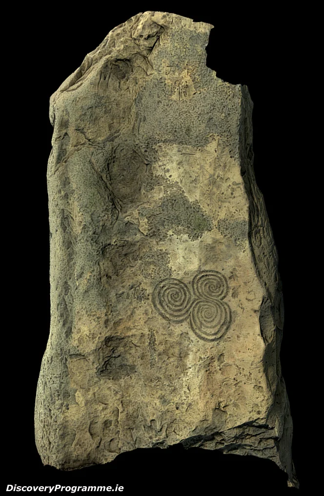 Three-dimensional model of Orthostat C10 at Newgrange, with three joined spirals on the front face.