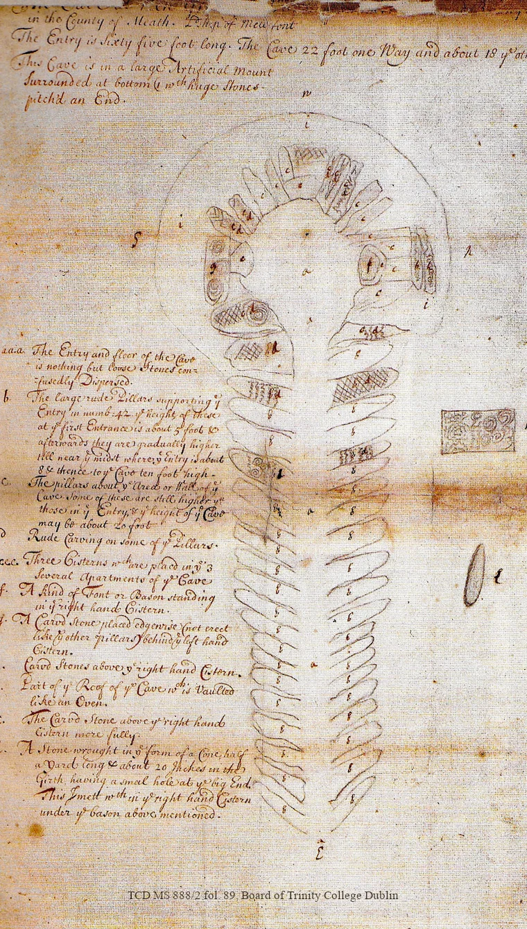 Will Jones's c. 1699 plan of the Newgrange passage and chamber, with numbered stones and lettered notes.